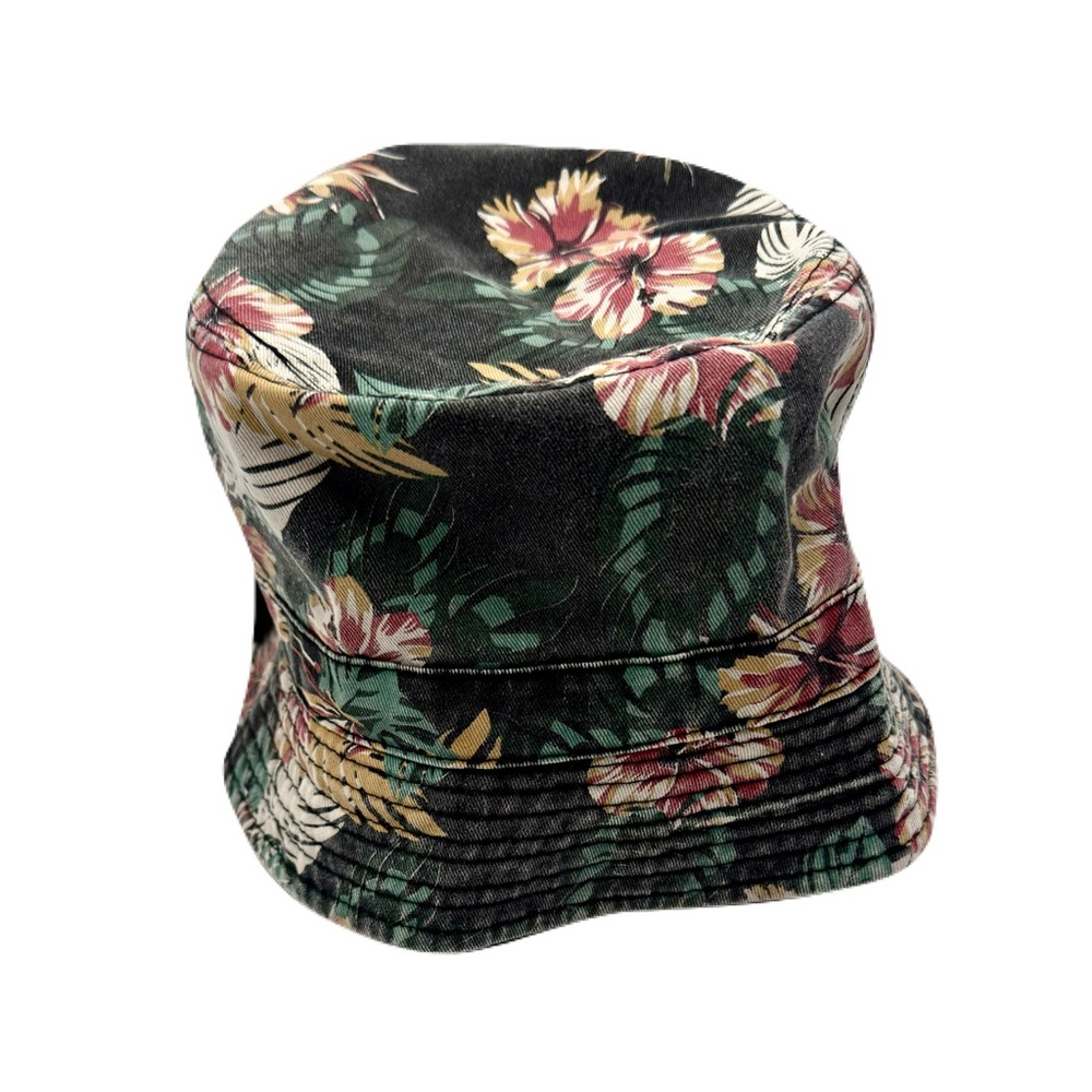 Reversible Cotton Bucket Hat - Faded Black w Green Pink & Yellow Floral Design